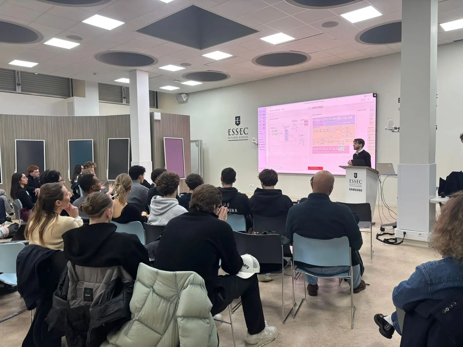 Conférence à l’ESSEC, un workflow n8n projeté devant les étudiants